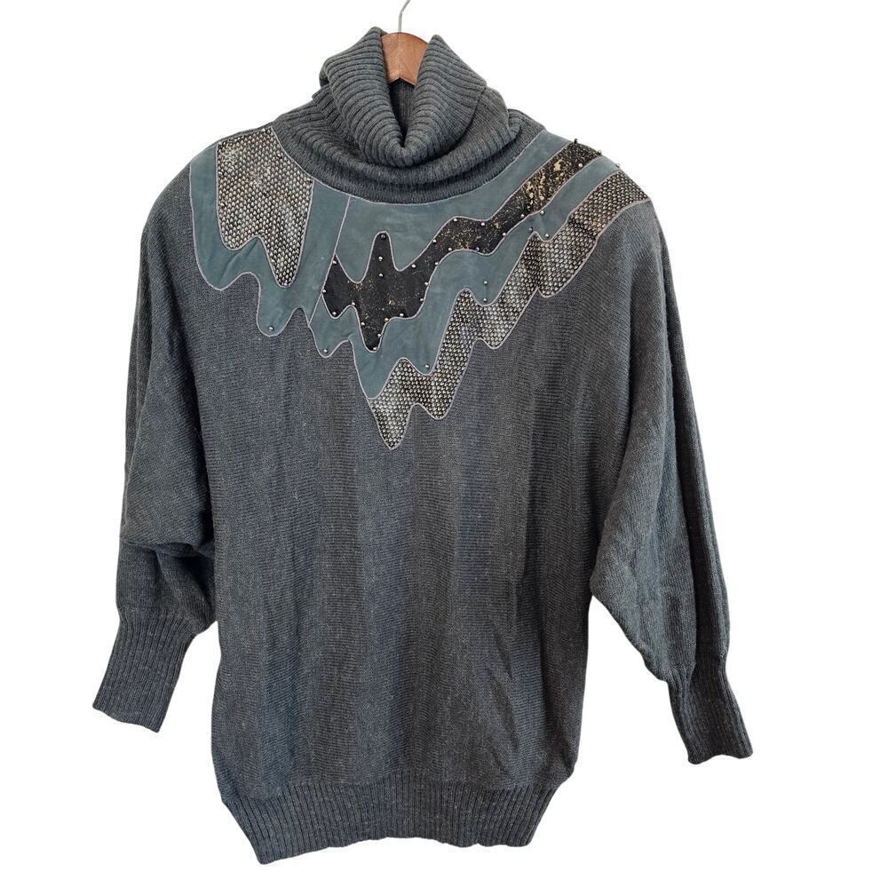 Vintage 80s Sweater Womens Medium Gray Patchwork Dolman Sleeve Textured Glam
